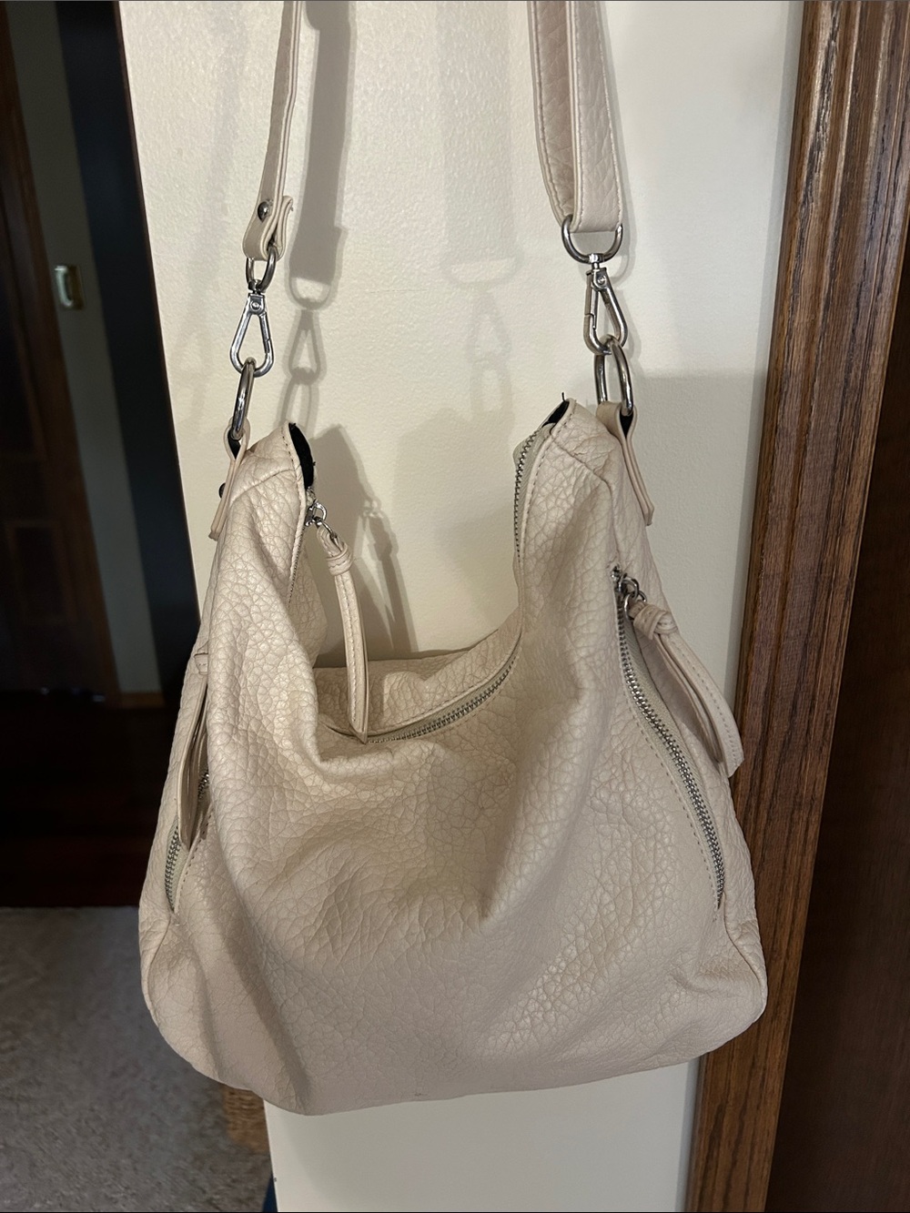 Cream Shoulder Bag with Silver Hardware - Chic Everyday Hobo